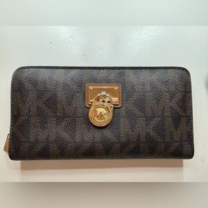 Michael Kors Dark Brown Logo Continental Wallet with Gold Hardware